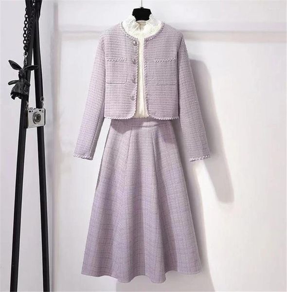 Vestidos de trabalho 2023 primavera elegante tweed xadrez saia define feminino doce chique roxo jaquetas de lã e saias longas terno coreano roupas femininas