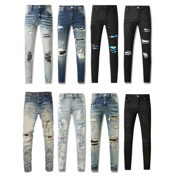 Jeans pilhas de grife amirly jeans europeu jeans roxos para homens colchas rasgadas para tendência marca vintage calça masculina calça slim skinny