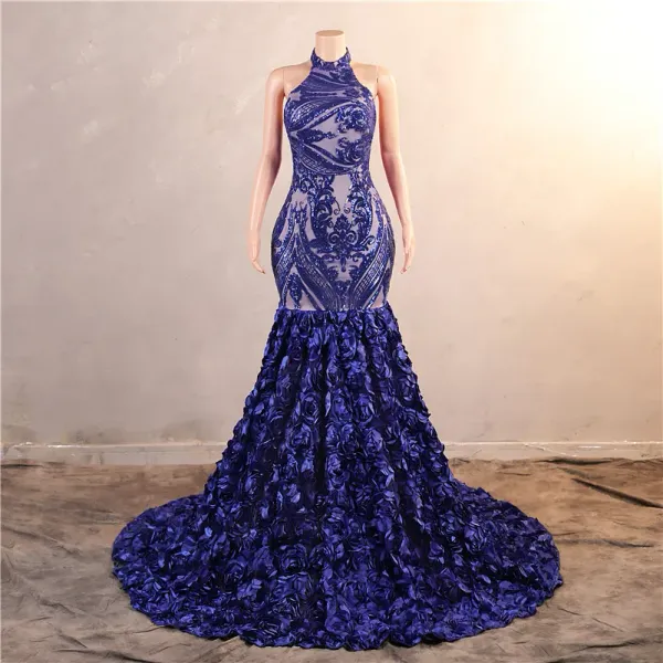 2024 kaskadierende Rüschen Royal Blue Mermaid Ballkleider mit Pailletten Spitze Blumen Neckholder rückenfrei lange Frauen Abend Party Kleider nach Maß BM3507