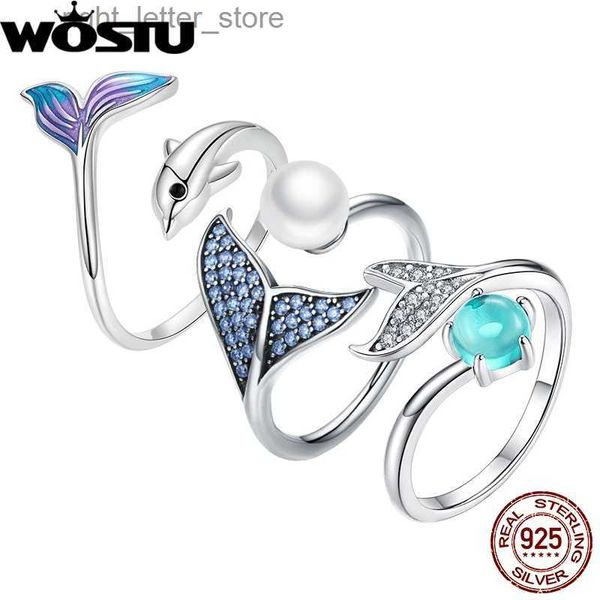 Solitärring WOSTU 925 Sterling Silber Meerjungfrauenschwanz Offene verstellbare Ringe Damen Ozeanblau CZ Naturperle Hochzeit Party Cocktail Ring Geschenk YQ231207