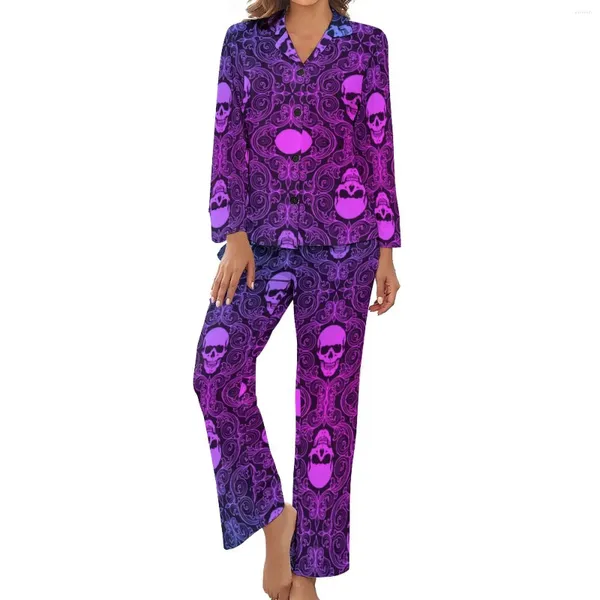 Pijamas femininos abstrato crânio impressão pijamas manga longa retro halloween 2 peças noite conjunto primavera mulher v pescoço romântico nightwear