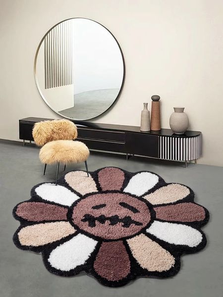 Tappeti Tappeto trapuntato con viso sorridente Arte floreale per camera da letto Soggiorno Retro Arcobaleno Fluffy Bagno Sorriso Tappetino antiscivolo Decorazioni per la casa 231207