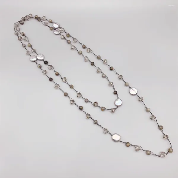 Ciondoli Collana in labradorite grigia da 6 mm con perle di monete d'acqua dolce e cristalli smokey Gioielli lunghi annodati per donne Regali per ragazze 50 pollici