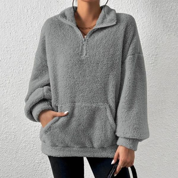 Damen Hoodies Crop Sweatshirts Damen Workout Half Zip Big Pocket Drop Shoulder Teddy Sweatshirt Rambling Store