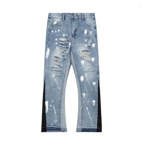 Damen Jeans Contra Color Graffiti Painted Pantalones Hombre Baggy Für Männer Ausgefranstes Loch Gerade Y2k Distressed Denim Hose Übergroß