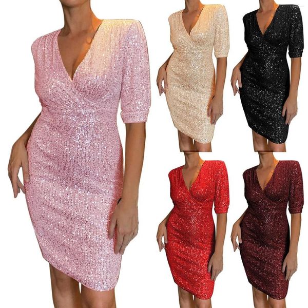 Freizeitkleider Damen, formell, sexy, Hüftpaket, Mini-Party-Abendkleid, V-Ausschnitt, Pailletten, Hochzeitsgast