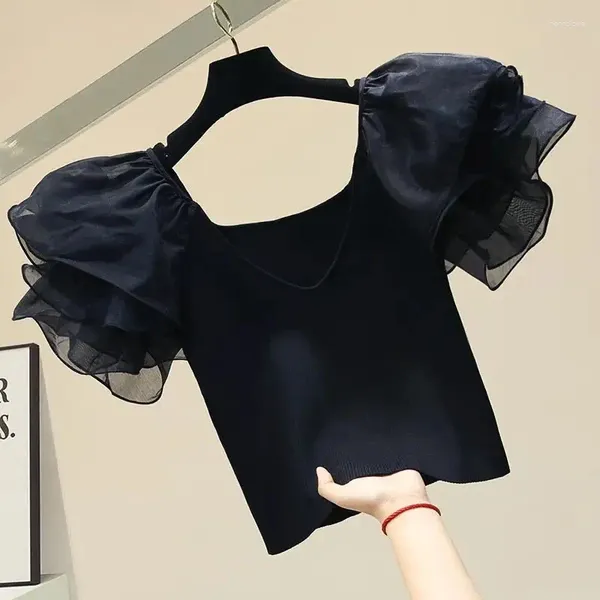 Женские футболки 2023, шикарный летний укороченный сексуальный топ, женский вырез в форме сердца, тонкая рубашка из органзы с короткими рукавами и лепестками, элегантная блузка