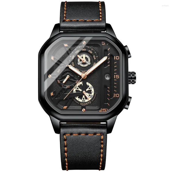 Наручные часы Деловые квадратные кожаные мужские часы Многофункциональный хронограф Корпус из сплава Черные роскошные светящиеся часы высокого качества
