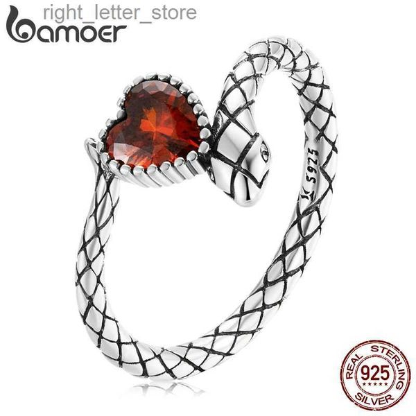 Anello solitario BAMOER Anello serpente scuro Anello serpente vintage in argento sterling 925 Anello cuore rosso con rubino per le donne Gioielli di fidanzamento Personalità YQ231207