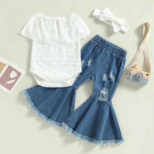 Kleidung Sets Kleinkind Baby Mädchen Sommer Overalls Set Off-schulter Blumen Spitze Strampler Und Elastische Casual Zerrissene Denim Schlaghosen