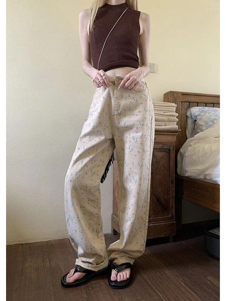 Jeans da donna HOUZHOU Vintage Y2k Stampato floreale Donna Baggy anni '90 Dolce Harajuku Pantaloni in denim dritti a vita alta Moda coreana Casual