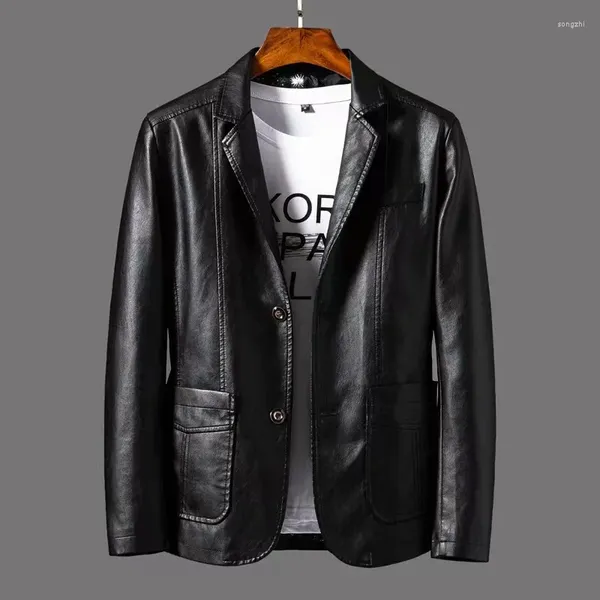 Мужские куртки, модная кожаная куртка, весенне-осенняя деловая повседневная куртка с отложным воротником, облегающая мотоциклетная одежда из искусственной кожи
