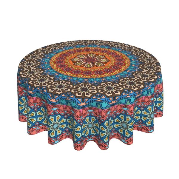 Tovaglia usa e getta Tovaglia rotonda Bohemian Mandala 60 pollici Colorato indiano Boho Tovaglia Rustica Arte moderna Impermeabile Tavolo circolare riutilizzabile 231206