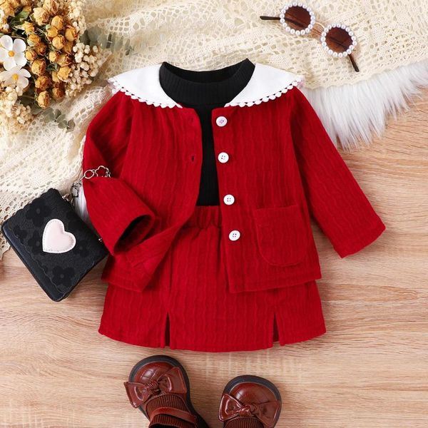 Set di abbigliamento Neonata Infantile Pit Stripe a maniche lunghe Top lavorato a maglia con collo a bambola Cappotto con fessura Gonna corta 3 pezzi Anno Set di vestiti rossi