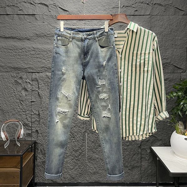 Women's Tracksuits Autumn and Winter Light Blue Ripped Jeans Men's Fashion Brand Slim Stretch HighEnd Washed Leisure Scrape Patch Skinny Pants 231206