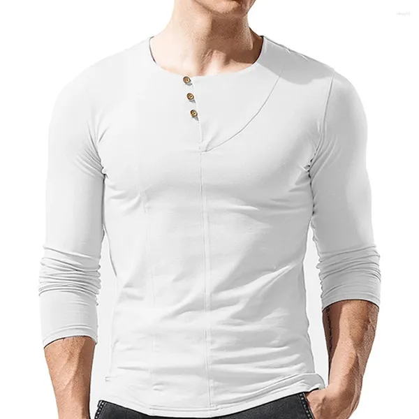 Camisetas masculinas atemporais e elegantes, cor sólida, gola Henley, camisa de manga comprida para looks casuais inteligentes