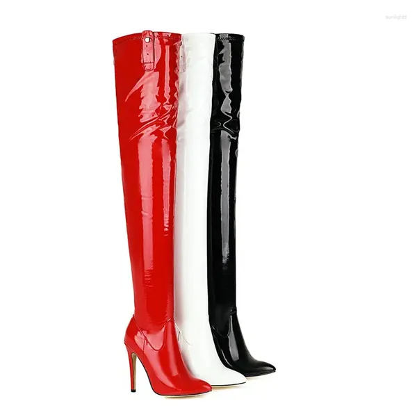 Botas 2023 coxa senhoras deslizamento em sexy cinto fivela stilettos feminino patente couro apontou zíper personalidade cavaleiro