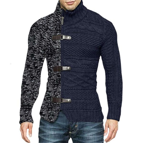 Gola alta 2023 outono/inverno botão de couro colorido manga longa malha cardigan camisola grande roupa masculina 755