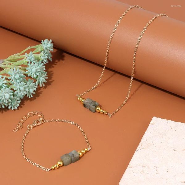 Colares de pingente de pedra natural tubo quadrado contas colar pulseira para mulheres conjunto de jóias labradorite pulseira pingente cadeia