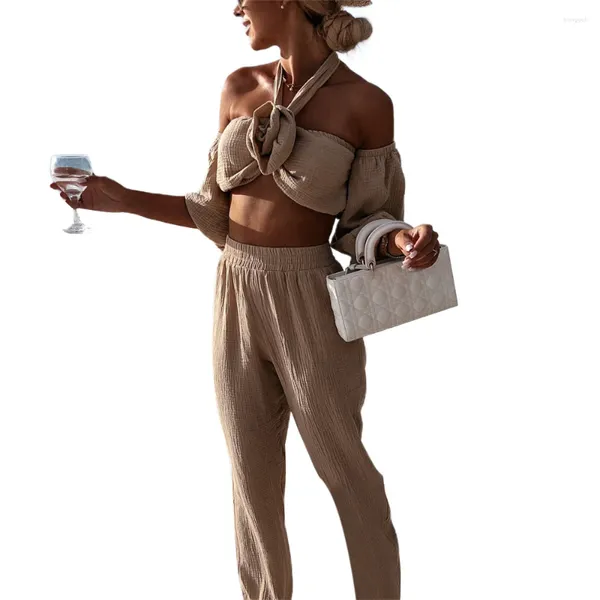 Zweiteilige Damen-Hosen, Sommer-Frauen-2-teiliges Outfit, 2023, halbe Ärmel, schulterfrei, bauchfreies Hemd, gerade lange Hose, Streetwear, Hosen-Sets