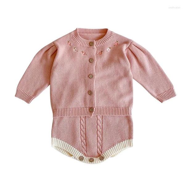 Kleidung Sets Frühling Herbst Baby Mädchen Pullover Strampler Anzug Gestickte Blume Strickjacke Mantel Overall 2PCS Kleinkind Säuglings Kleidung