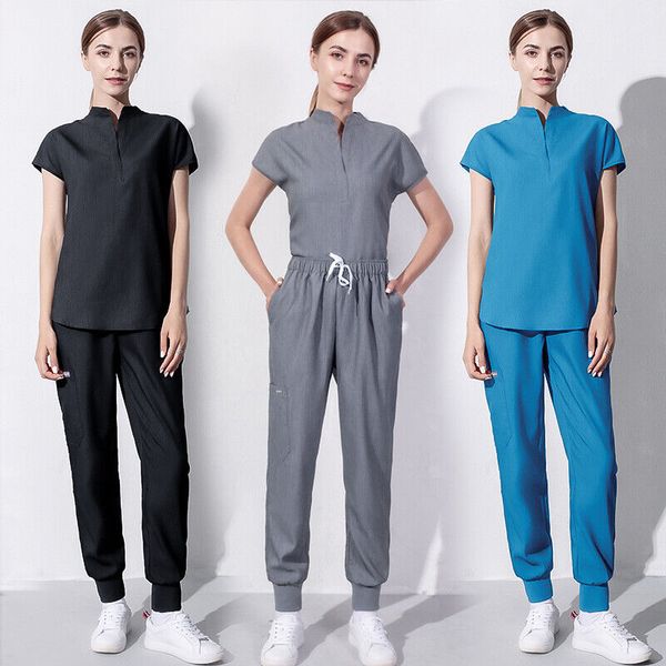 Damen Stretch Jogger Scrub Set Medizinische Krankenschwesteruniformen 2-Pocket-Top Cargohose