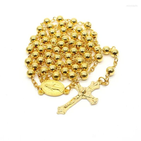 Anhänger Halsketten Gold Farbe Rosenkranz Unisex Halskette 8mm Kupfer Perlen Kreuz Schmuck Zubehör Geschenk Für Frau Mann Lange neckalces