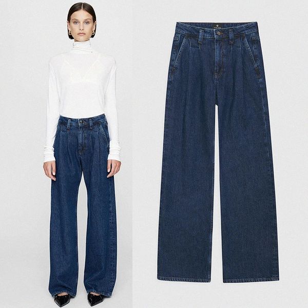 Designer Damen Jeans High Srteet AB Blaue Hose mit weitem Bein Hohe Taille Damen unelastische Jeans Größe 26-30 B6PH #