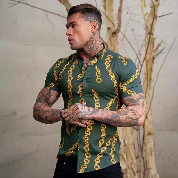 Camisas casuais masculinas homens impresso camisa fina moda acessível estilo de luxo elegante impressão lapela manga curta fina para