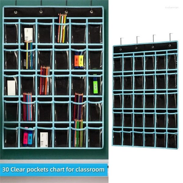 Sacos de armazenamento pendurados sala de aula telefone calculadora titular 30 bolsos gráfico de bolso com adesivos de número para escritório escolar