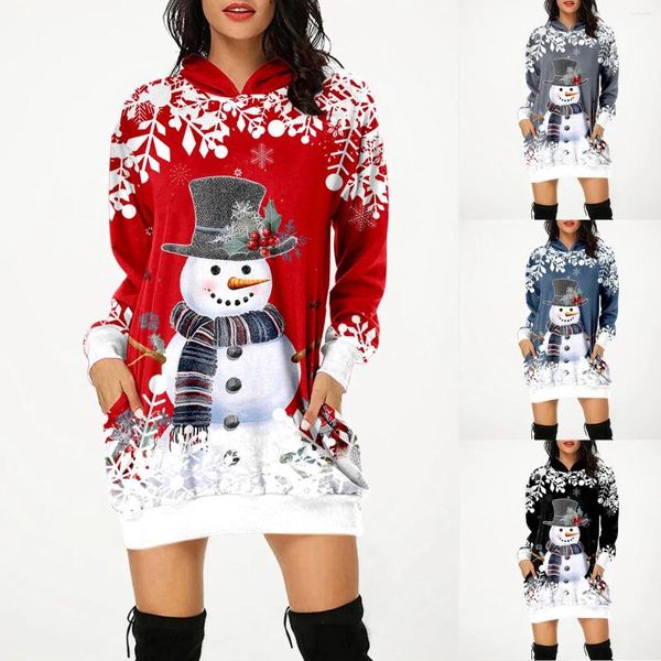 Lässige Kleider Roter Schneemann Elch Weihnachtskleid Frauen Langarm Pullover Abend Winter Mode Party Hoodie Mini Robe