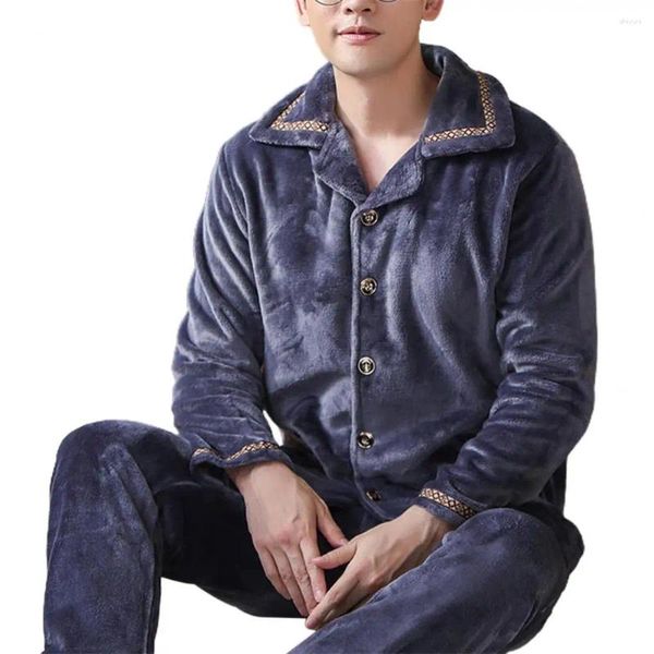 Pijamas masculinos com design de lapela, pijamas de inverno com botões grossos, cintura elástica, macio, quente, calças para homens