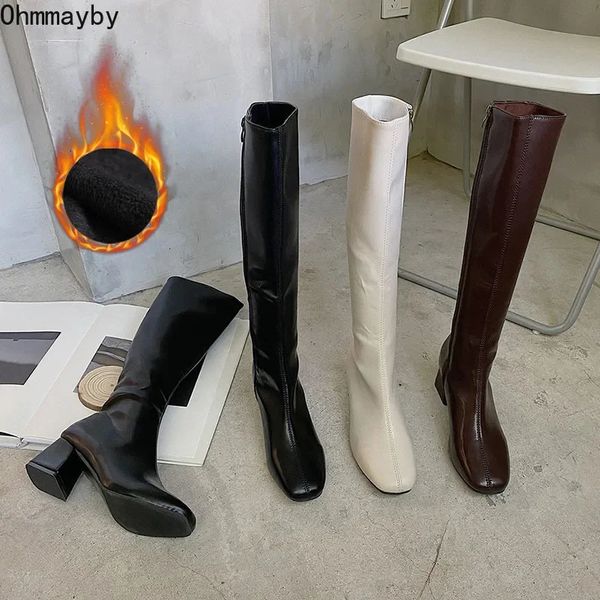 Stivali Donna Stivali lunghi caldi Donna Stivaletti alti al ginocchio Scarpe da donna Piattaforma Tacco spesso Pelle PU Cerniera morbida Donna Moda Inverno 231207