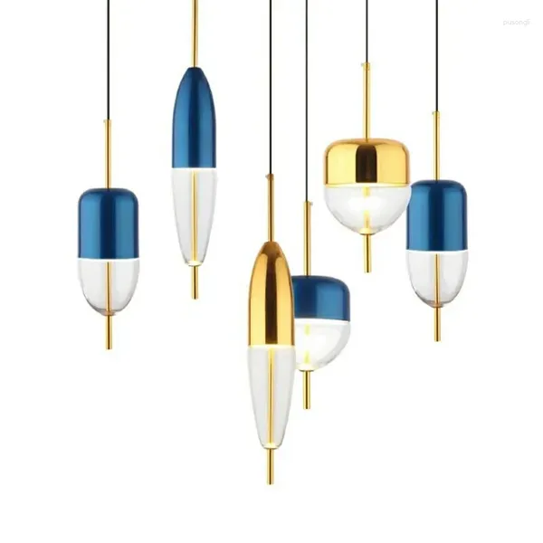 Lâmpadas pendentes modernas única azul lâmpada de jantar chapeamento dourado sala de estar quarto cabeceira decorativa led iluminação branca quente fixtrue