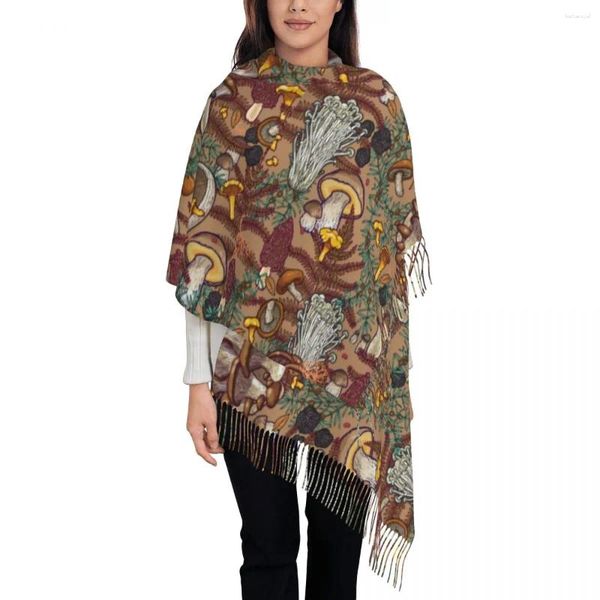 Шарфы Бежевый грибной лес шаль для женщин зимний теплый длинный мягкий шарф с рисунком пашмины с кисточками
