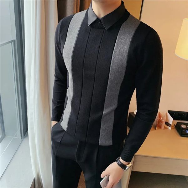 Maglioni da uomo stile coreano uomo caldo in autunno falso 2 pezzi colletto della camicia maglioni lavorati a maglia uomo slim fit moda a righe pullover casual 231207