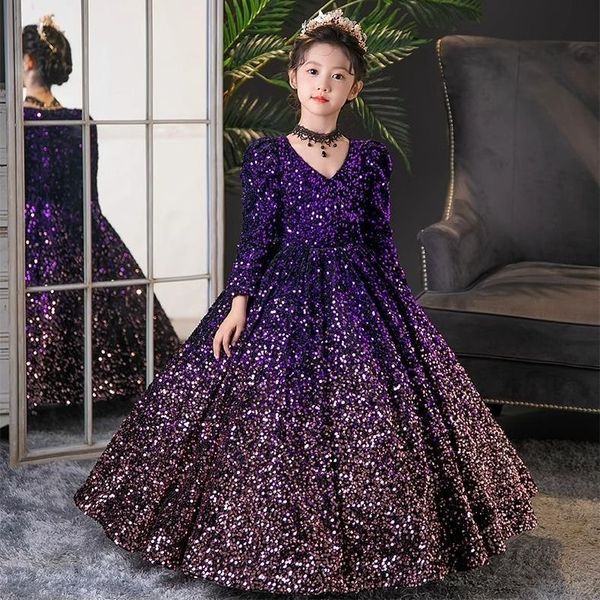 Ragazza viola con paillettes vestiti splendidi a maniche lunghe Girls Dress Wedding Party Princess Cash Cash Bid Hobs Communion Present Children 2-14 anni 403