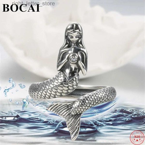 Anel Solitário BOCAI S925 Prata Esterlina Anéis Ajustáveis 2022 Popular Sereia Zircão Ornamentos de Mão Puro Argentum Charme Joias para Mulheres YQ231207