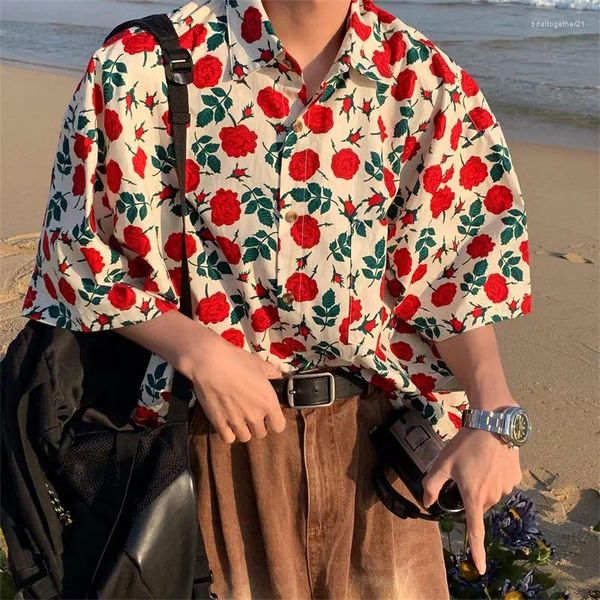 Damenblusen 2023 Sommer Strand Hawaiian Rose Hemden Vintage Rot Floral Button Up Shirt Männer Frauen Lose Casual Tops Große 2XL Japan Kawaii