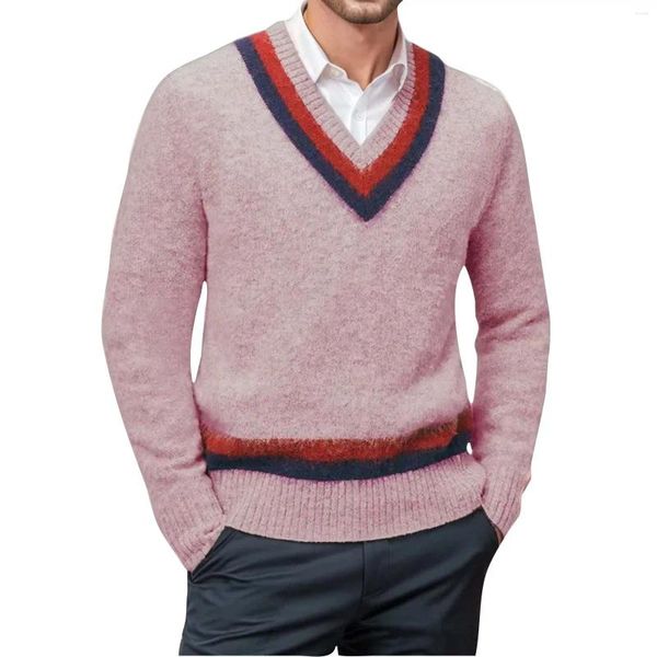 Мужские свитера, свитер одного цвета, европейский стиль, V-образный вырез, вязаный пуловер с длинными рукавами, мужское двубортное пальто