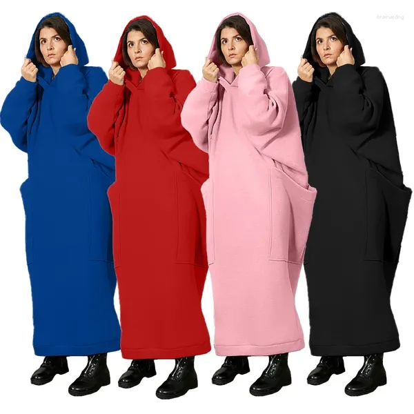 Kadın Hoodies büyük cep artı uzun elbise 2023 Sonbahar kış düz renkli polar gevşek gündelik kapüşonlu sweatshirt