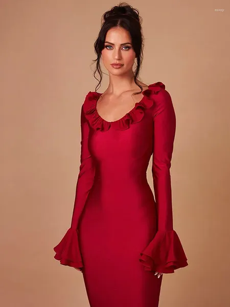 Casual Kleider Rot Low Cut Ausgestellte Ärmel Rüschen Kleid Kleid V-ausschnitt, Figurbetontes Eine Linie Midi Vestidos 2023 Winter Bankett Abend Party dame