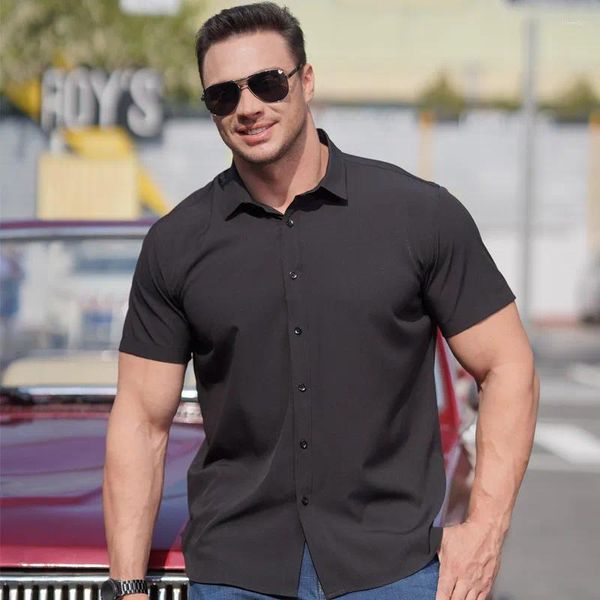 Camisas de vestido masculinas high-end tamanho grande para homens gordura verão blusas manga curta masculina negócios elástico sólido blusas roupas topos