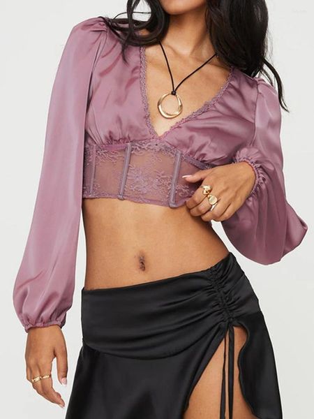 Blusas femininas mulheres cetim colheita topos elegante manga longa roxo v pescoço pura malha renda floral camiseta sexy blusa streetwear