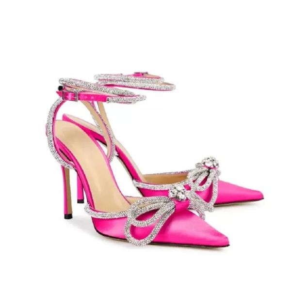 Sandali con tacco alto per donne da sposa Doppio fiocco a farfalla Décolleté in seta di cristallo Scarpe da sposa Party Scarpe da passerella stile sexy chic Tacchi alti di marca rosa brillante