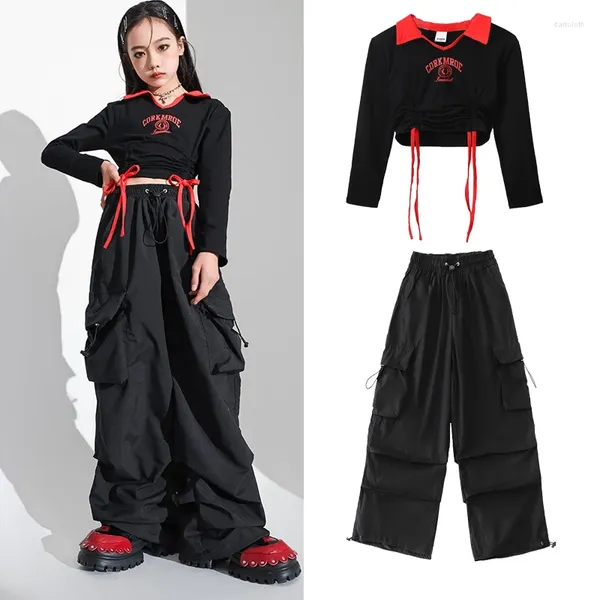 Stage Wear 2023 Abbigliamento per bambini Nero Crop Top Pantaloni larghi Vestito per ragazze Jazz Costumi di danza moderna Bambini Hip Hop Streetwear DQS15025