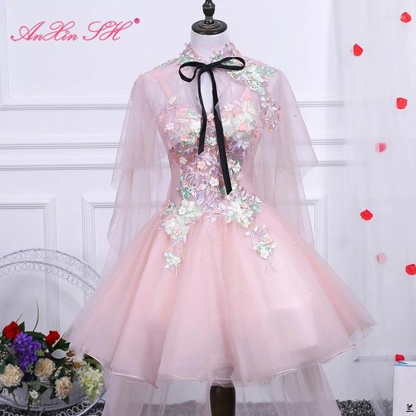 Vestidos de festa anxin sh coreano curto princesa rosa fofo ilusão doce moda flor arco preto com laço xale vestido de noite