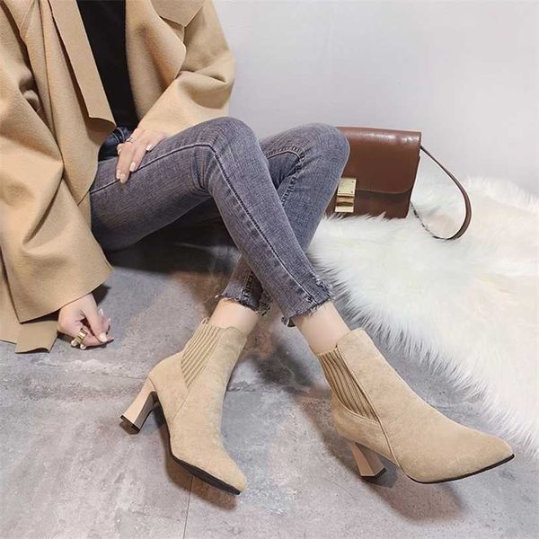 Botas femininas em meia outono inverno apontou saltos grossos alta internet famosa botas finas elásticas perna curta feminina