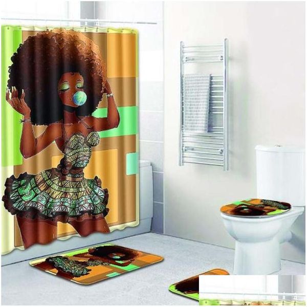 Tapetes de banho Novos conjuntos de banheiro tapete tapete cortina de chuveiro mulher africana assento de vaso sanitário er antiderrapante e entrega de gota casa acessórios de jardim dhne4