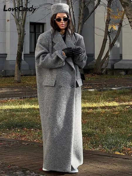 Мужские толстовки с капюшоном Элегантное серое длинное пальто из смесовой шерсти Повседневное свободное пальто с двубортными карманами 2023 Зимняя теплая женская куртка большого размера 231207